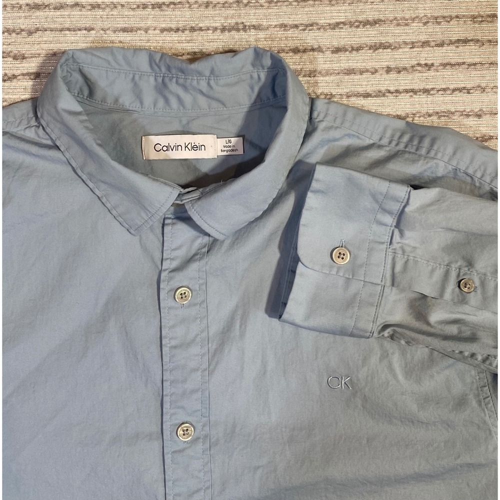 Calvin Klein Mens Long Sleeve Button Down Shirt Blue Stretch Cotton Large L
